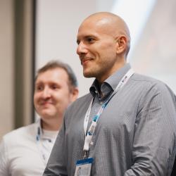 Person listening to a presentation