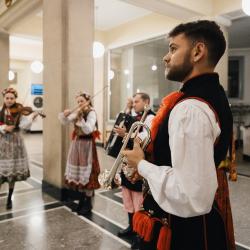 Music band in a building hall