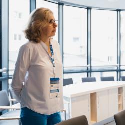 Person listening to a presentation