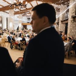 People talking in a banquet hall