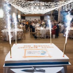 Firework candles burning on a big birthday cake